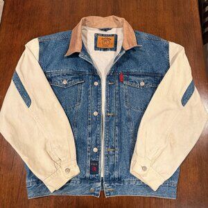 90s Vintage Outrigger Classic Denim Varsity Jacket – 100% Cotton, Leather Trim,
